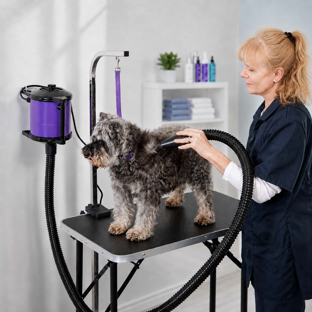 Groomer fluffing a dog with the GustyAir Mini pet dryer at a grooming table