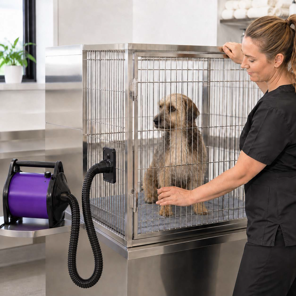 Groomer supervising a damp dog cage drying with the purple GustyAir Mini pet dryer