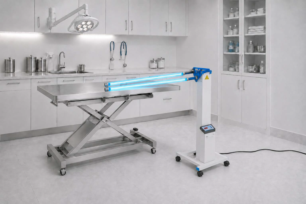 Adjustable Tool Klean UVC Rolling Cart lamps extending over a veterinary surgical table
