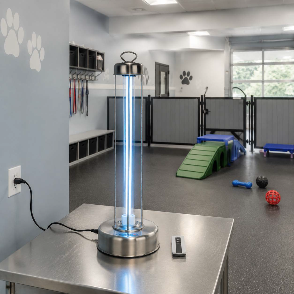 Radiance AeraLight treating an unoccupied dog-daycare playroom after hours