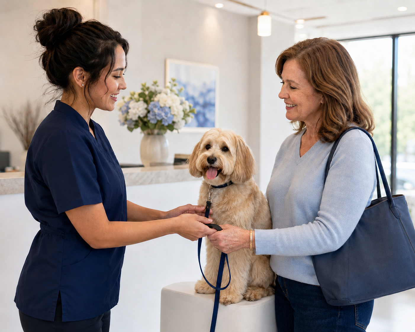 Professional groomer returning a beautifully groomed dog to a pet parent