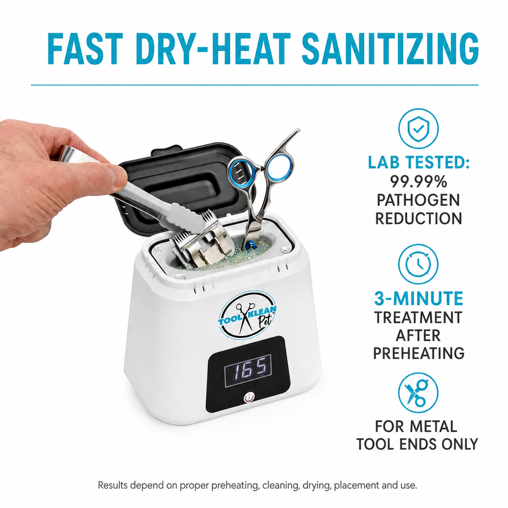 Tool Klean Hot Cup Pro dry-heat sanitizer treating metal grooming tool ends in 3 minutes