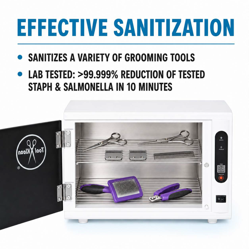 UV Oven Pro grooming tool sanitizer with laboratory-tested Staph and Salmonella reduction results