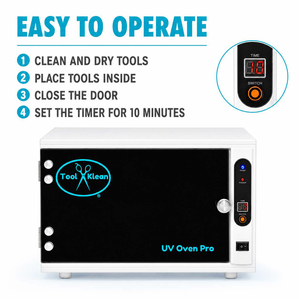 Four steps for using the Tool Klean UV Oven Pro grooming tool sanitizer