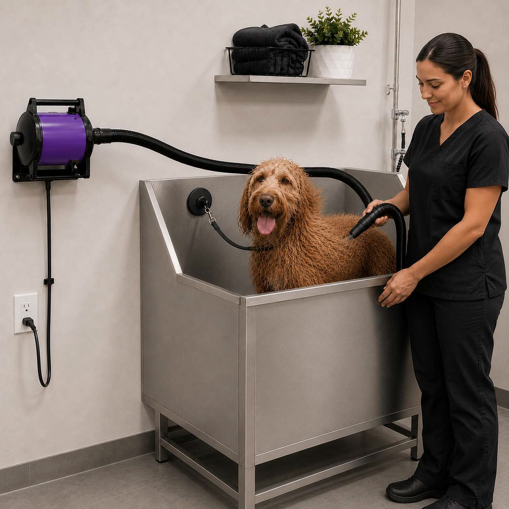 Groomer drying a damp dog with the wall-mounted purple GustyAir Mini pet dryer