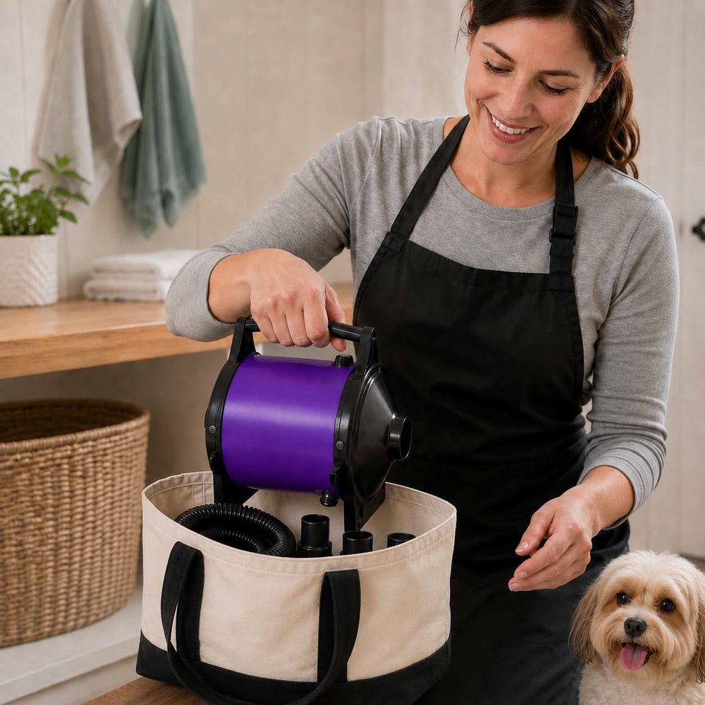 Home groomer packing the compact purple GustyAir Mini pet dryer into a tote bag