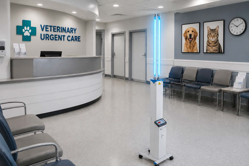 Tool Klean UVC Rolling Cart treating an unoccupied veterinary reception area