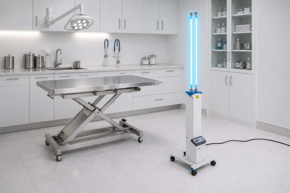 Tool Klean UVC Rolling Cart positioned in an unoccupied veterinary treatment room