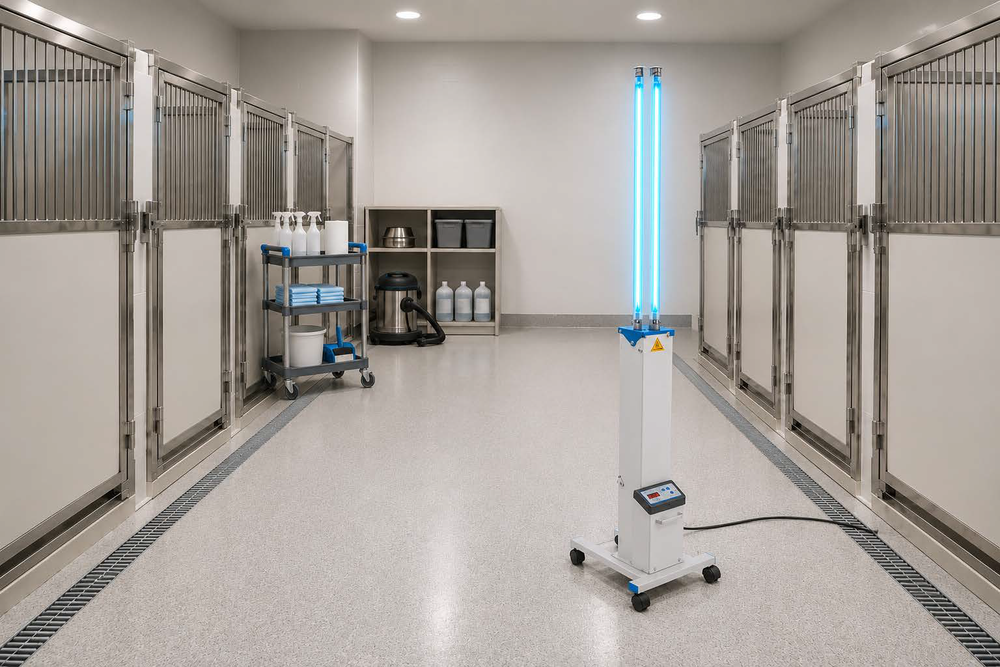 Tool Klean UVC Rolling Cart treating an unoccupied veterinary kennel room