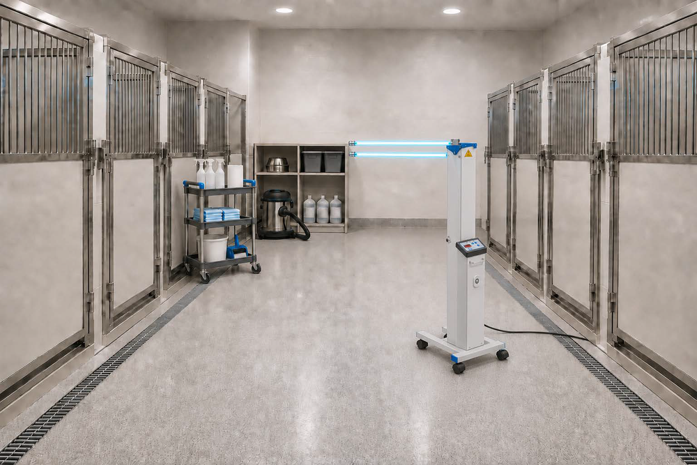 Mobile Tool Klean UVC Rolling Cart positioned between rows of veterinary kennels