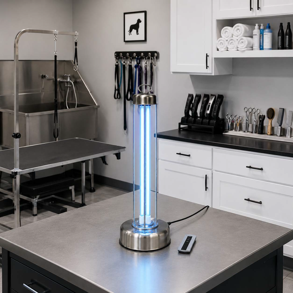 Radiance AeraLight operating in an unoccupied professional dog-grooming salon