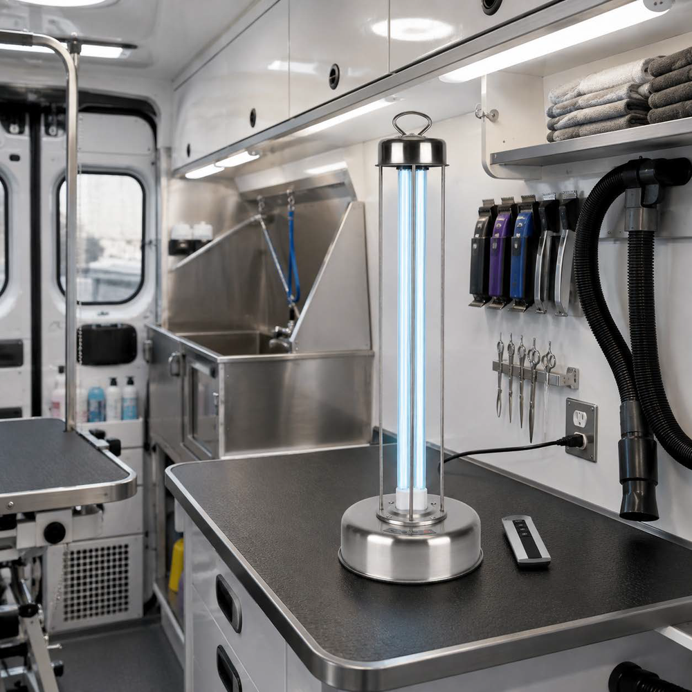 Radiance AeraLight operating in an unoccupied mobile dog-grooming van