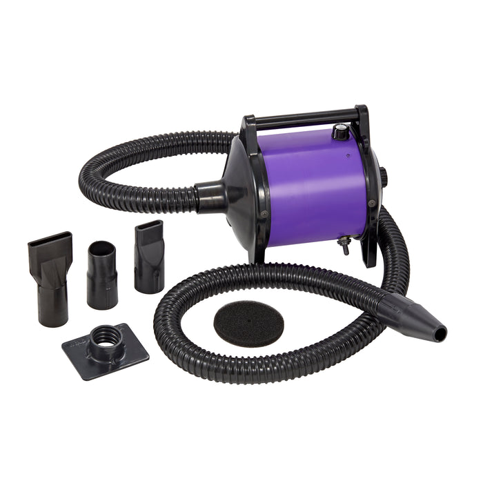 Purple GustyAir Mini pet dryer with 6-foot hose, four nozzles and replacement filter