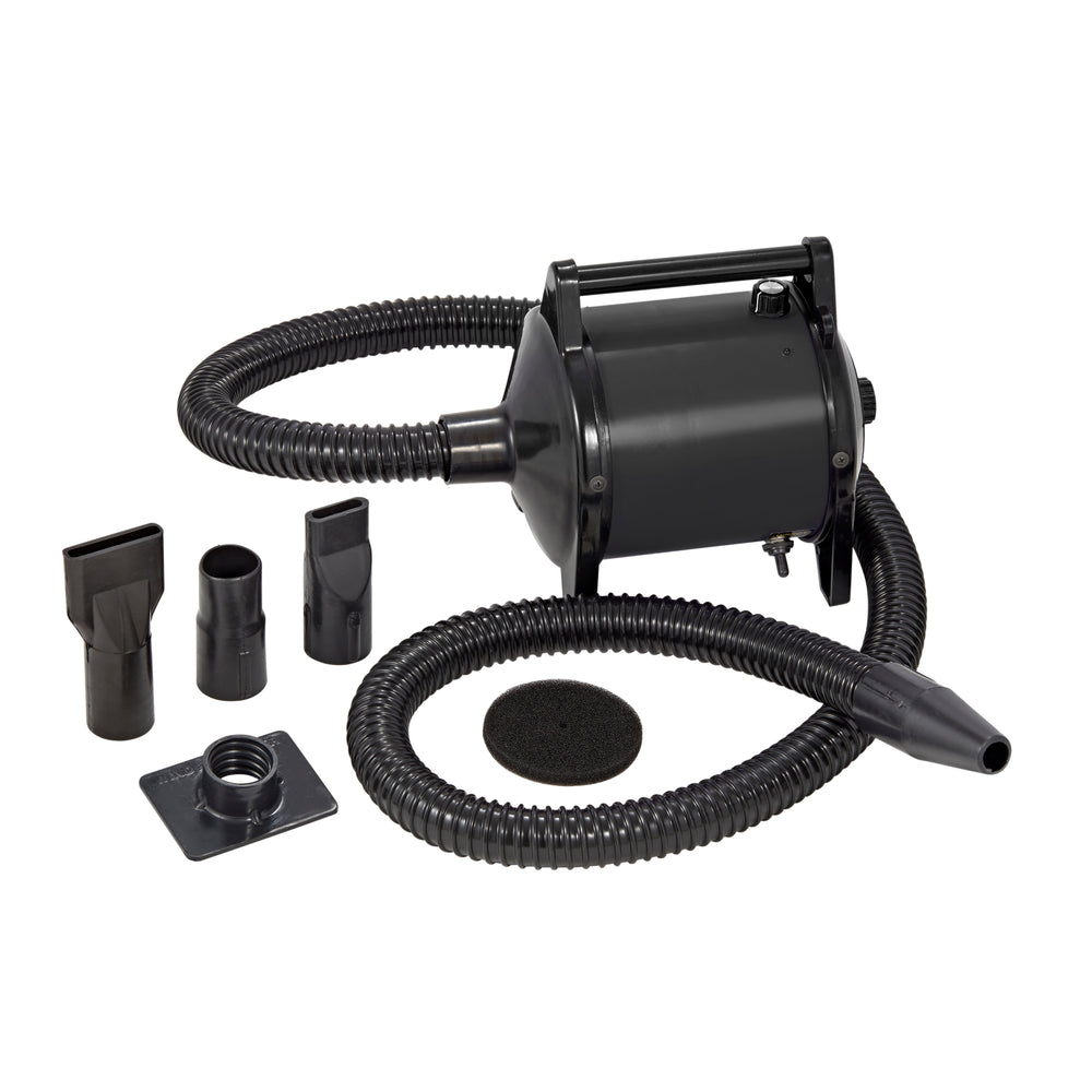 Black GustyAir Mini pet dryer with 6 ft hose, four nozzles and replacement filter