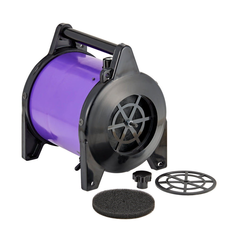 Rear air intake and replacement filter on purple GustyAir Mini pet dryer