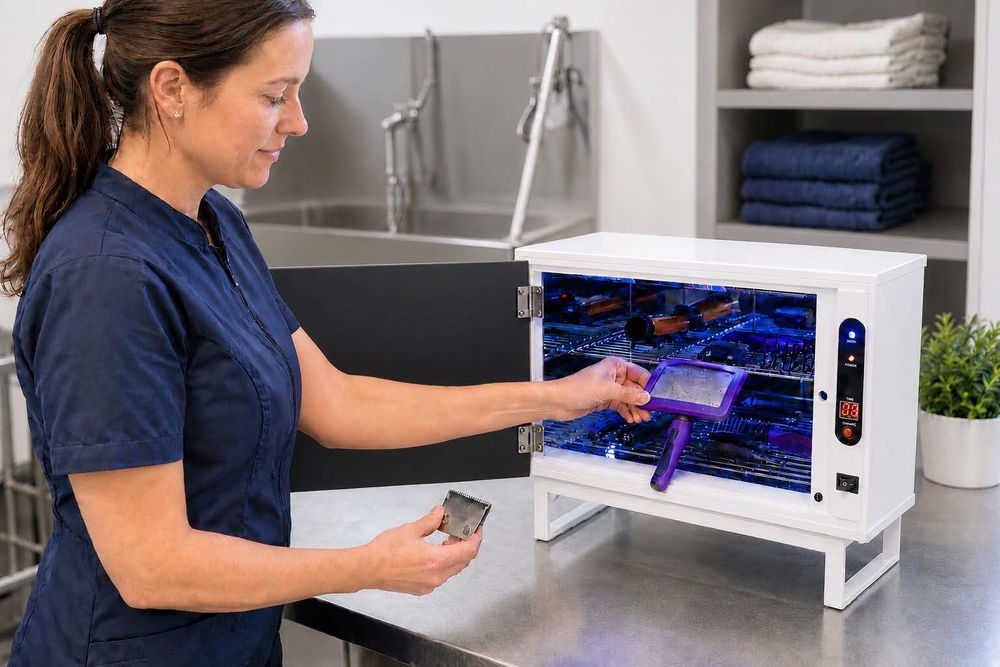 Professional groomer placing clean, dry grooming tools inside the Tool Klean UV Oven Pro